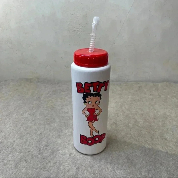 Betty Boop Vintage 1991 Six Flags White Red Water Bottle Cup Bending Straw - Picture 2 of 9
